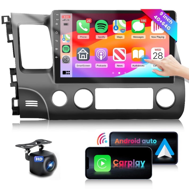 Podofo 4G 64G Car Stereo for Honda Civic 2006-2011 Radio with 10.1inch 1280x720 IPS Touch Screen AI Radio DSP 36EQ Wireless Carplay Android Auto Bluetooth 5.0 GPS FM/RDS WiFi MirrorLink AHD Backup Camera - Image 1