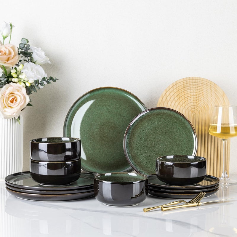 LeRatio Ceramic Dinnerware Sets for 4,Porcelain Plates and Bowls Sets, Reactive Glaze Dishes Set,Chip Resistant and Scratch Resistant | Oven&Dishwasher & Microwave Safe,Service for 4-Kahki &Black - Image 1