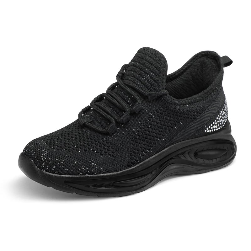 RUNSIDE Girls Lightweight Sneakers Kids Lace-up Tennis Running Shoes, Breathable Walking Shoes for Toddler/Little Kid/Big Kid Black/Rhinestones - Image 1