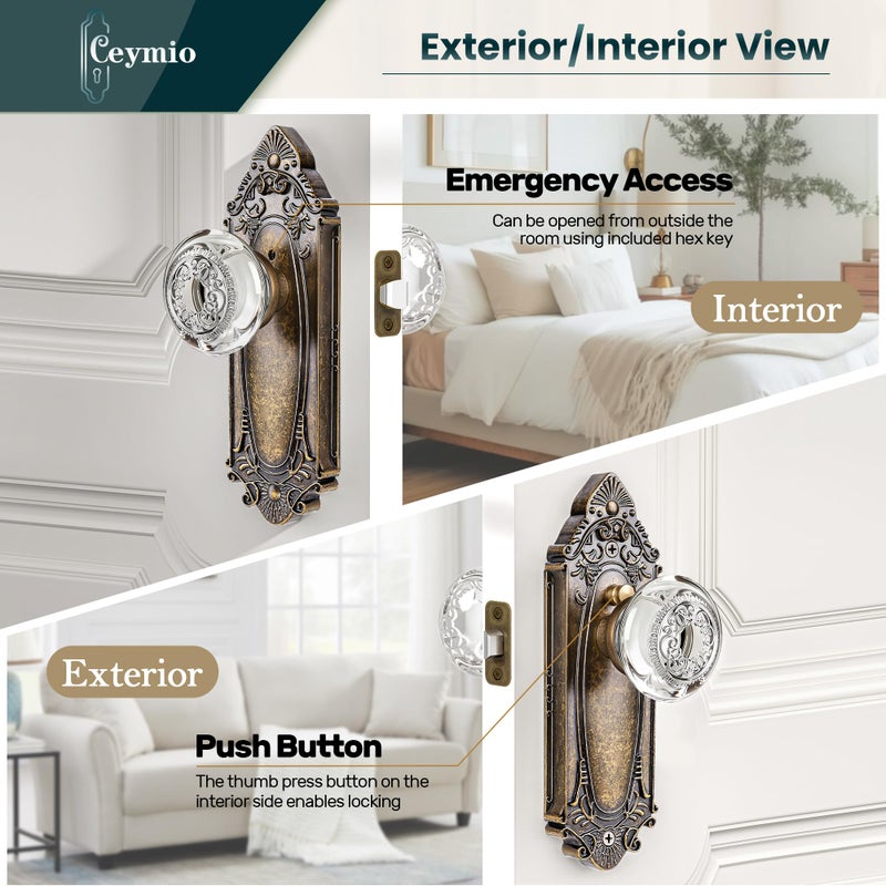 CEYMIO Luxury Glass & Crystal Door Knob with Antique Brass Privacy Lock and Diamond Cut Plate - for Bedroom,Bathroom,Hallway and Closet Interior Doors - Vintage Farmhouse Style - Image 5