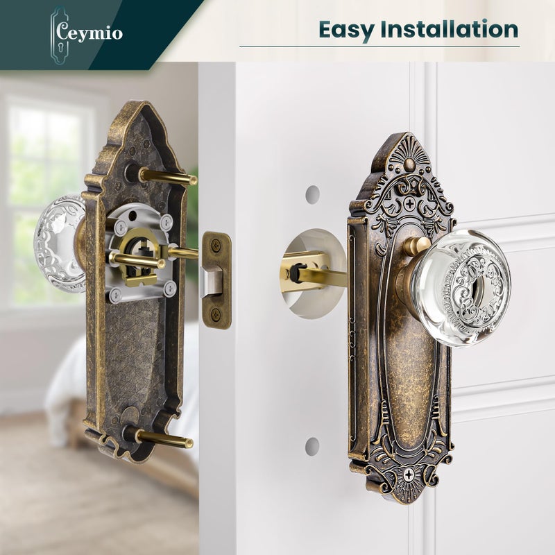 CEYMIO Luxury Glass & Crystal Door Knob with Antique Brass Privacy Lock and Diamond Cut Plate - for Bedroom,Bathroom,Hallway and Closet Interior Doors - Vintage Farmhouse Style - Image 3