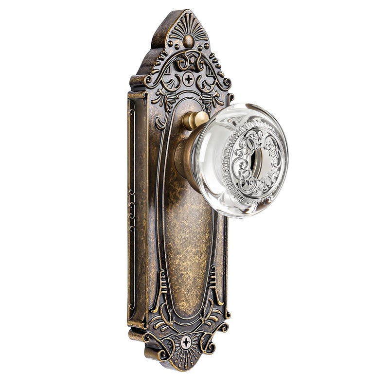 CEYMIO Luxury Glass & Crystal Door Knob with Antique Brass Privacy Lock and Diamond Cut Plate - for Bedroom,Bathroom,Hallway and Closet Interior Doors - Vintage Farmhouse Style - Image 1