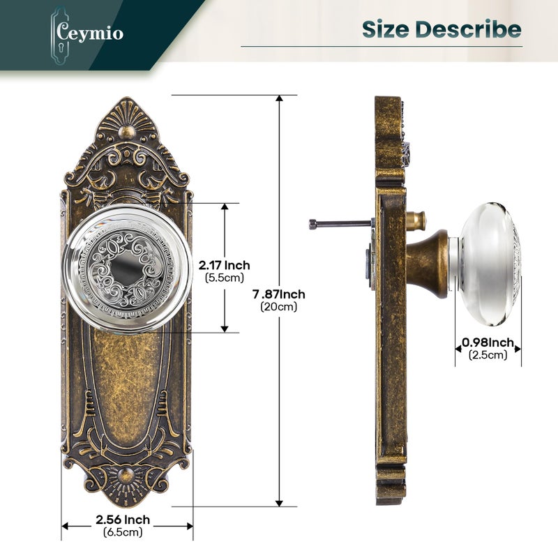 CEYMIO Luxury Glass & Crystal Door Knob with Antique Brass Privacy Lock and Diamond Cut Plate - for Bedroom,Bathroom,Hallway and Closet Interior Doors - Vintage Farmhouse Style - Image 2