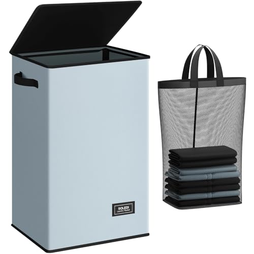 SOLEDI Laundry Hamper with Lid 90L Large  Tall Collapsible Laundry Basket Clothes Hamper with Bag Removable Easy to Carry Dirty Hampers for Bedroom Bathroom Dorm College Blue Grey