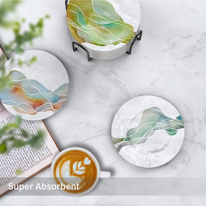 UMIRRO Ceramic Stone Coasters for Drinks Absorbent with Holder | Agate Style Coasters Set with White Marble Texture Background | Cool Cup Mat with Geode Pattern | Unique Fancy Tabletop Protection Mat - Image 2