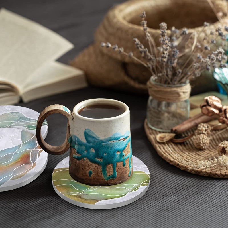 UMIRRO Ceramic Stone Coasters for Drinks Absorbent with Holder | Agate Style Coasters Set with White Marble Texture Background | Cool Cup Mat with Geode Pattern | Unique Fancy Tabletop Protection Mat - Image 3