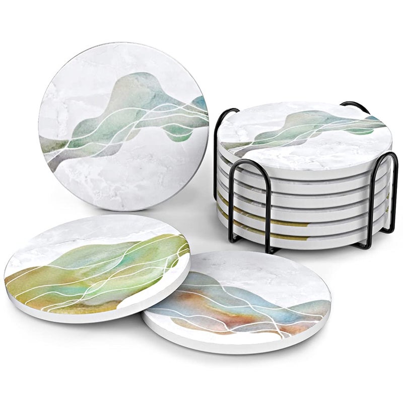 UMIRRO Ceramic Stone Coasters for Drinks Absorbent with Holder | Agate Style Coasters Set with White Marble Texture Background | Cool Cup Mat with Geode Pattern | Unique Fancy Tabletop Protection Mat - Image 1