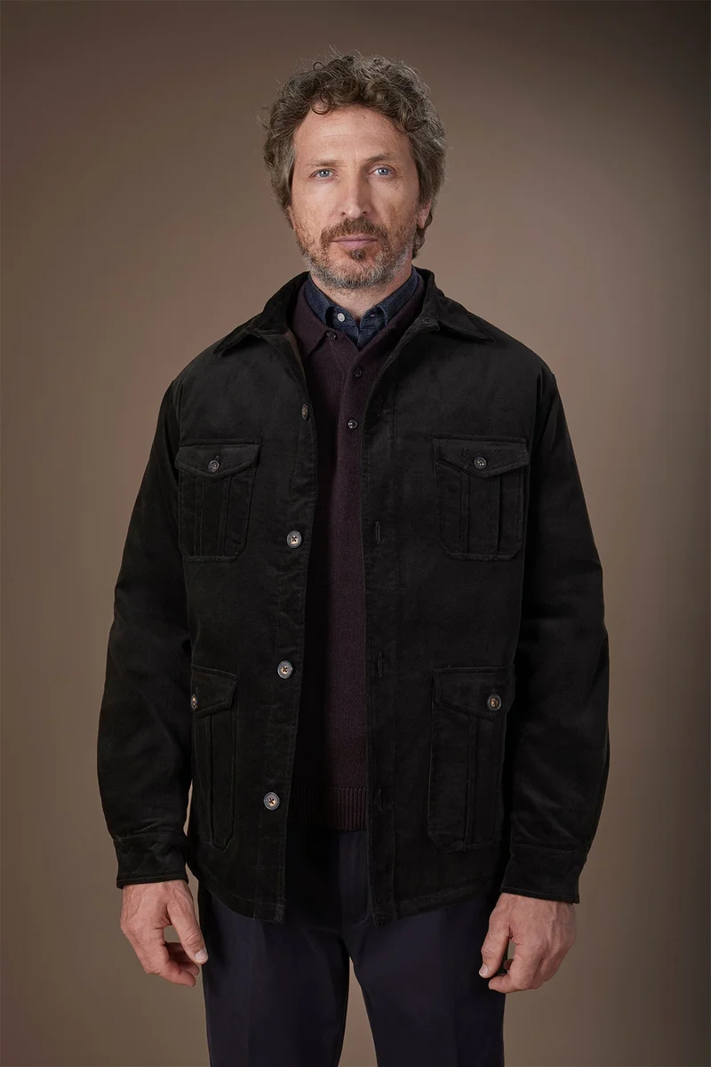 دوبل غانغر Men's lightly padded regular fit jacket in textured velvet - DK Brown
