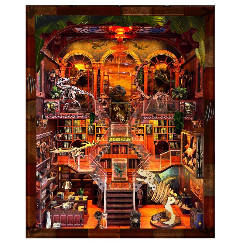 VORATHIS Book Nook Kit DIY 3D Wooden Puzzle Miniature House with LED Lights Creative Crafts for Adults Bookshelf Insert Decor Educational Gift for Family FriendsDinosaur Museum - Image 2
