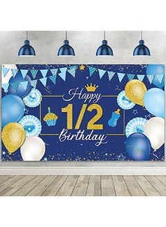 Tatuo 1/2 Birthday Decoration Backdrop Blue And Gold Half Birthday Banner 6 Months Happy Birthday Background Half Birthday Party Supplies Photo Booth Props For Photography (3.6 X 6 Feet)  - Image 1