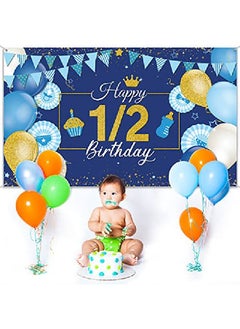 Tatuo 1/2 Birthday Decoration Backdrop Blue And Gold Half Birthday Banner 6 Months Happy Birthday Background Half Birthday Party Supplies Photo Booth Props For Photography (3.6 X 6 Feet)  - Image 4
