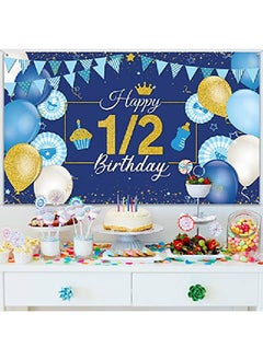 Tatuo 1/2 Birthday Decoration Backdrop Blue And Gold Half Birthday Banner 6 Months Happy Birthday Background Half Birthday Party Supplies Photo Booth Props For Photography (3.6 X 6 Feet)  - Image 5
