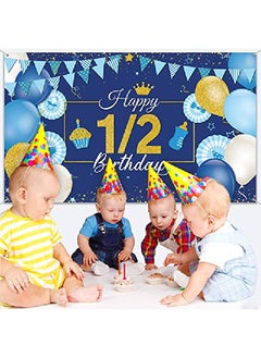 Tatuo 1/2 Birthday Decoration Backdrop Blue And Gold Half Birthday Banner 6 Months Happy Birthday Background Half Birthday Party Supplies Photo Booth Props For Photography (3.6 X 6 Feet)  - Image 3