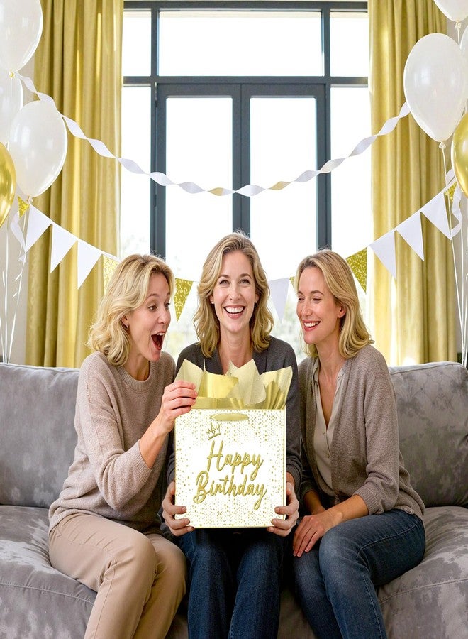LUUFILx White Gold Birthday Gift Bag Golden Happy Birthday Wrapping Paper Bag with Tissue Paper Greeting Card Crown Bday Favor Bag for Women Men Girls Boys Kids Birthday Party Decorations Gifts Wrap Supplies - Image 2