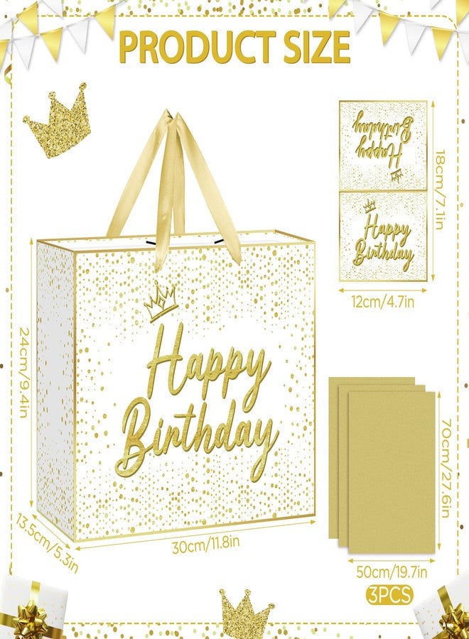 LUUFILx White Gold Birthday Gift Bag Golden Happy Birthday Wrapping Paper Bag with Tissue Paper Greeting Card Crown Bday Favor Bag for Women Men Girls Boys Kids Birthday Party Decorations Gifts Wrap Supplies - Image 3