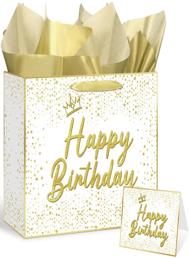 LUUFILx White Gold Birthday Gift Bag Golden Happy Birthday Wrapping Paper Bag with Tissue Paper Greeting Card Crown Bday Favor Bag for Women Men Girls Boys Kids Birthday Party Decorations Gifts Wrap Supplies - Image 1