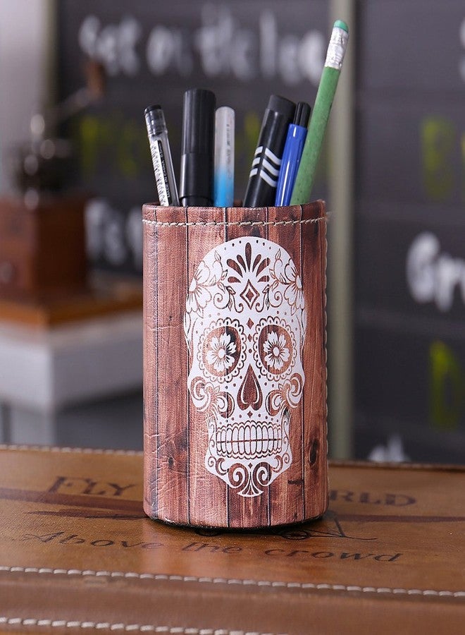 LINKWELL Antique Halloween Wood Slat Sugar Skull PU leather Pencil Pen Holder Desk Organizer PH03 - Image 3
