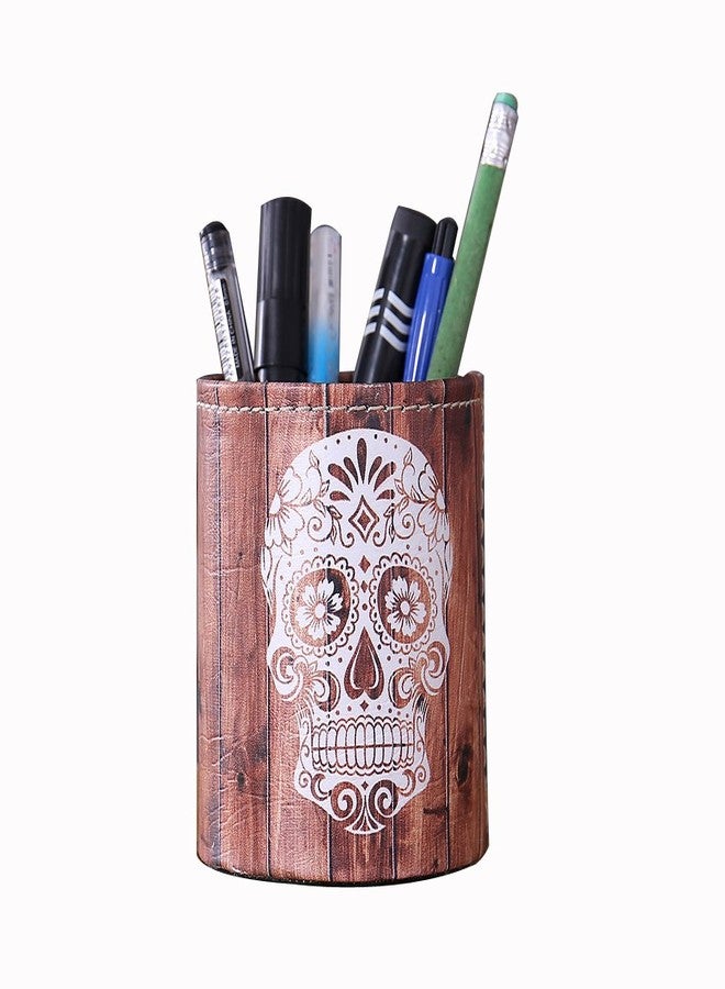 LINKWELL Antique Halloween Wood Slat Sugar Skull PU leather Pencil Pen Holder Desk Organizer PH03 - Image 1