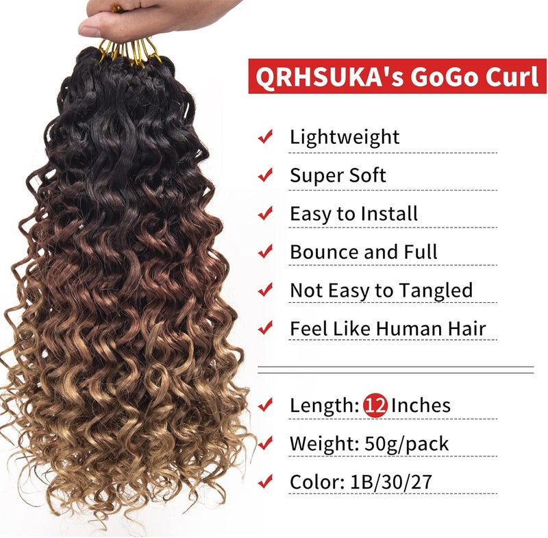 QRHSUKA شعر محبوك بنمط GoGo Curl للنساء، بتموجات مائية وشعر بشري مموج، إضافات شعر صناعية (طول 12 بوصة، عبوة تحتوي على 6 قطعات)، اللون 1B/30/27 - Image 4