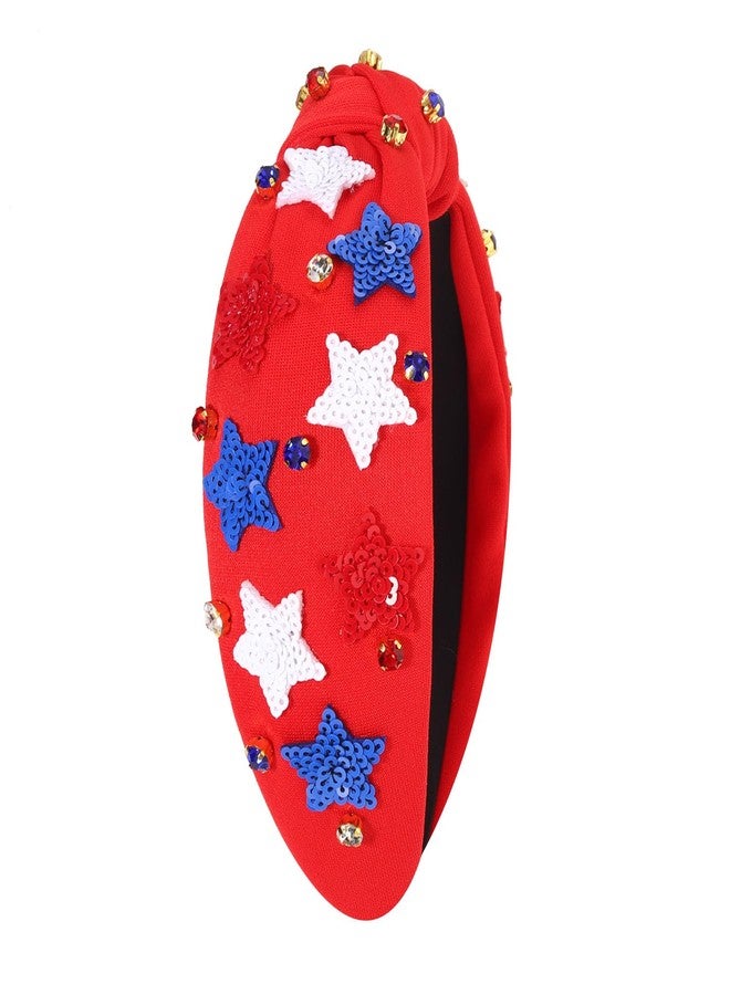 boderier 4th of July Headband Beaded Sequin Star Headband Jeweled Crystal Embellished Knotted Red White Blue USA American Flag Patriotic Holiday Acessories - Image 5