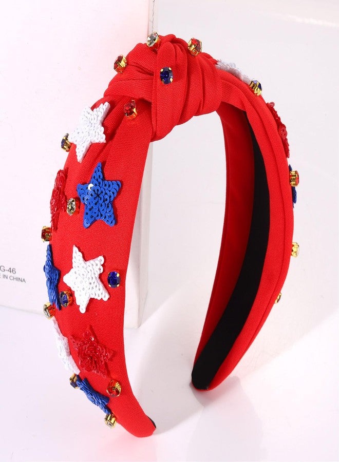 boderier 4th of July Headband Beaded Sequin Star Headband Jeweled Crystal Embellished Knotted Red White Blue USA American Flag Patriotic Holiday Acessories - Image 4