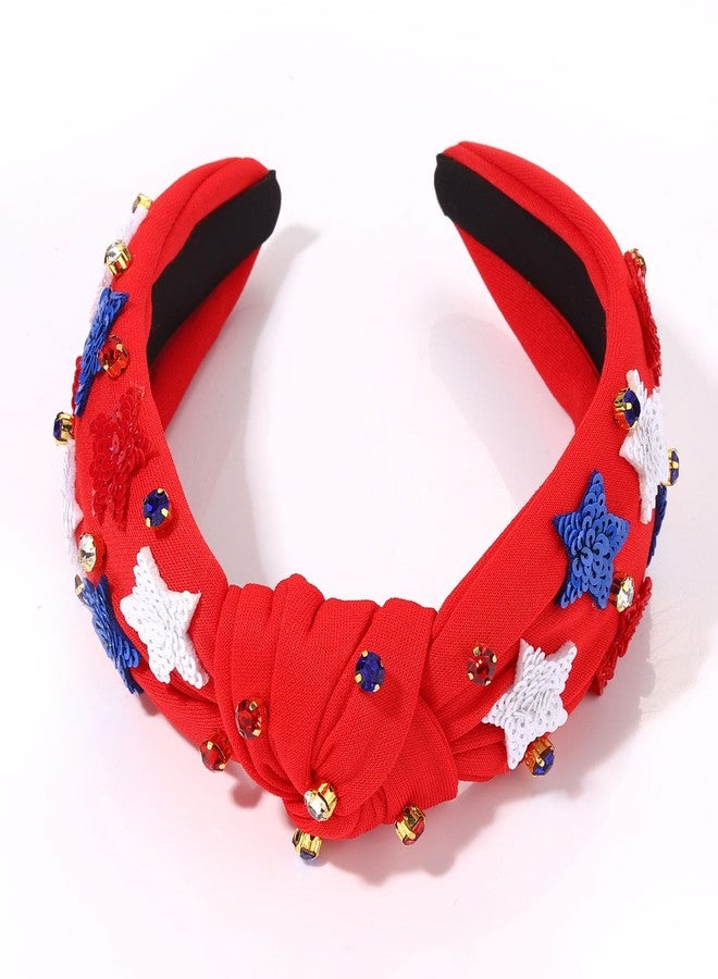 boderier 4th of July Headband Beaded Sequin Star Headband Jeweled Crystal Embellished Knotted Red White Blue USA American Flag Patriotic Holiday Acessories - Image 2