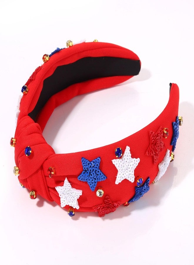 boderier 4th of July Headband Beaded Sequin Star Headband Jeweled Crystal Embellished Knotted Red White Blue USA American Flag Patriotic Holiday Acessories - Image 3