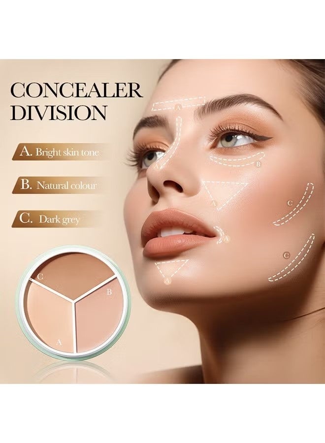 SADOER Full Coverage Concealer Palette Tri-Color Correcting Cream Foundation Makeup, Conceal Redness, Dark Circles And Acne Marks, Long-lasting Waterproof Fawless Blendable Brighten Contour Palette - Image 2