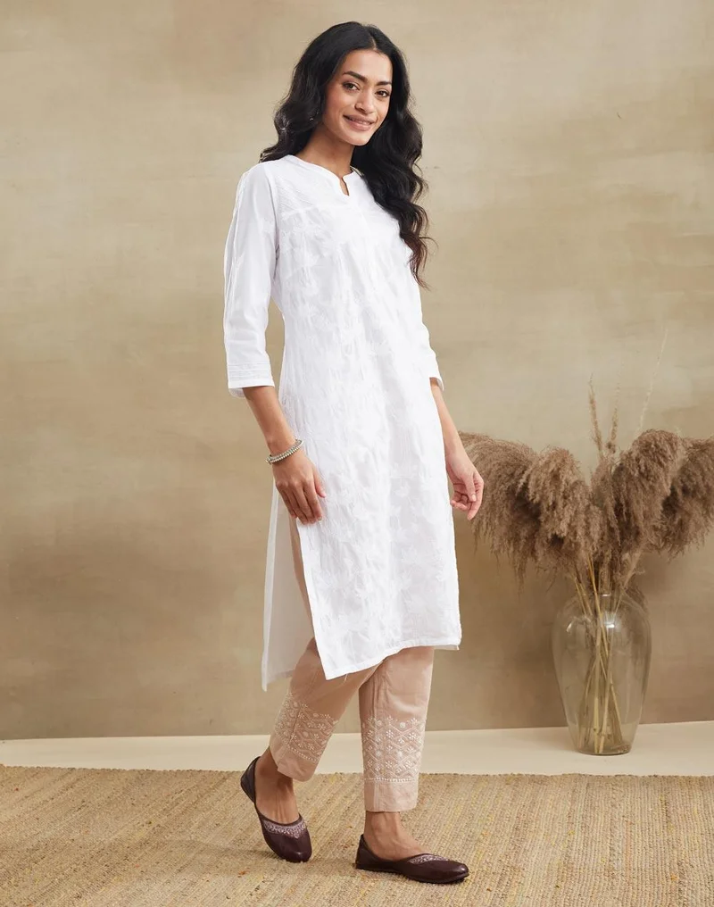 Fabindia  White Cotton Chikankari Knee Length Kurta for Women | Best Price UAE