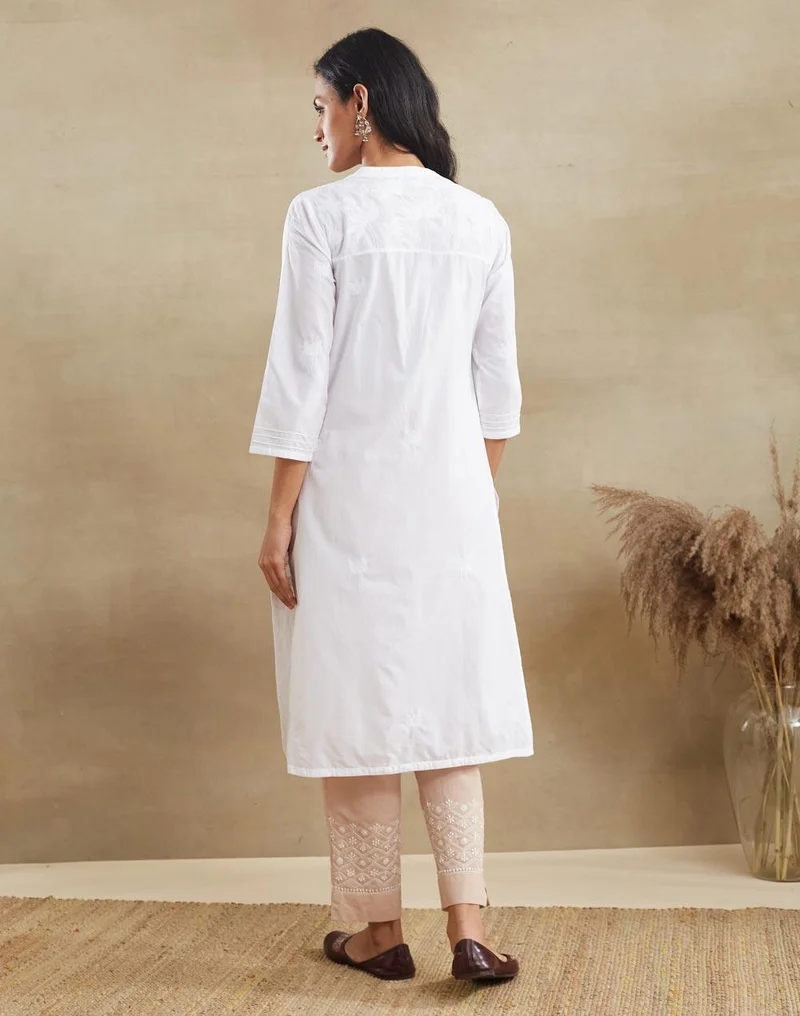 Fabindia  White Cotton Chikankari Knee Length Kurta for Women | Best Price UAE