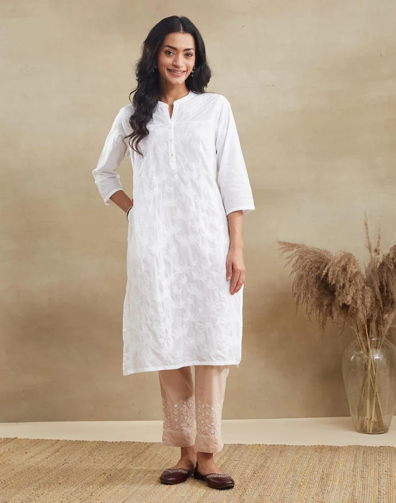 فاب انديا White Cotton Chikankari Knee Length Kurta