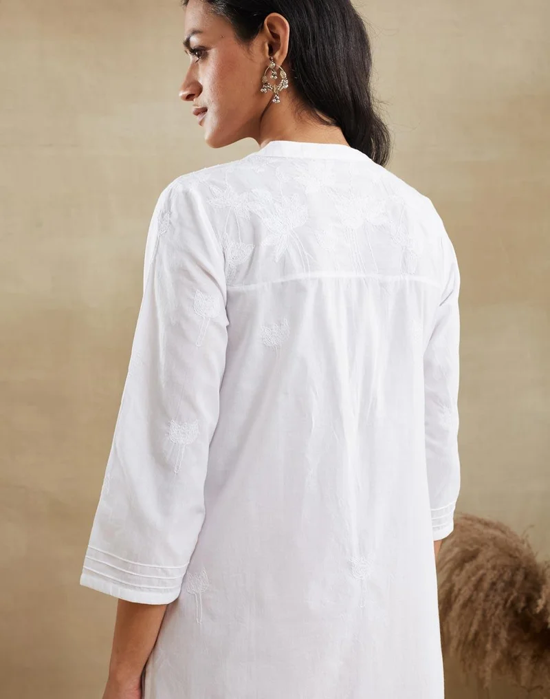 Fabindia  White Cotton Chikankari Knee Length Kurta for Women | Best Price UAE