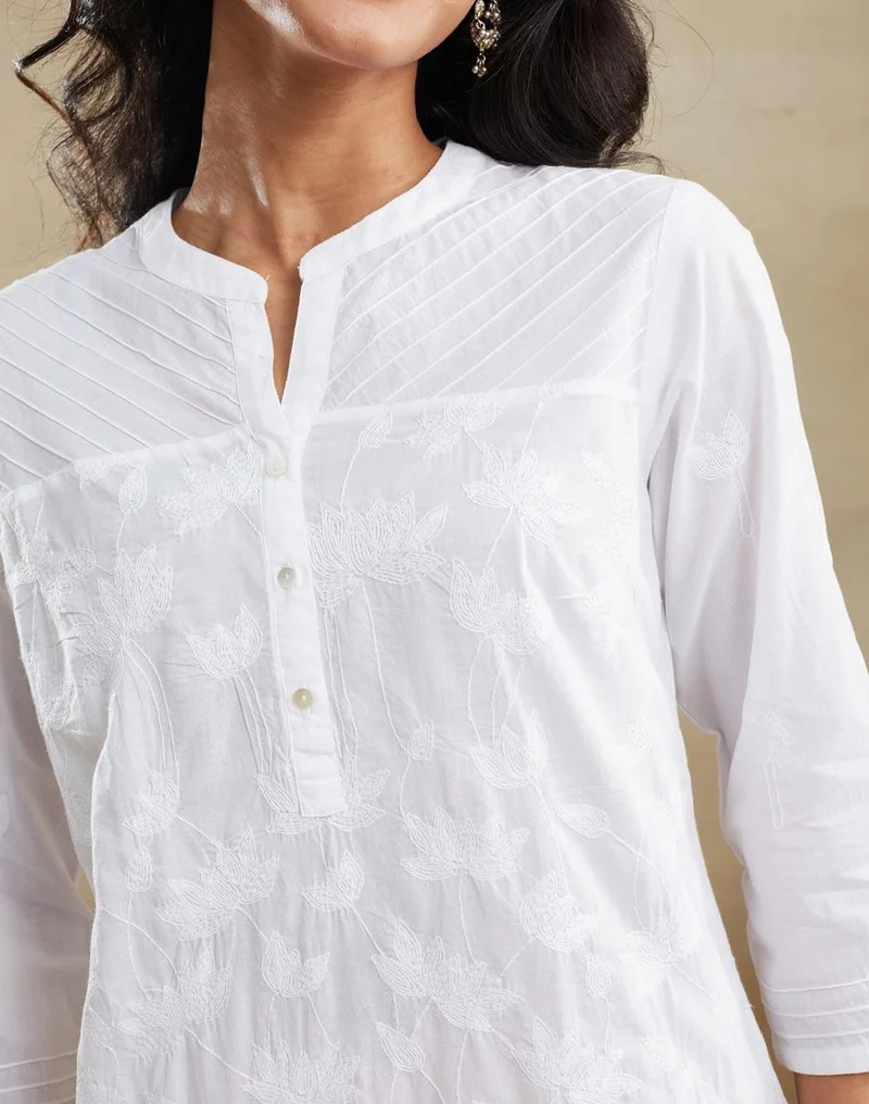 Fabindia  White Cotton Chikankari Knee Length Kurta for Women | Best Price UAE