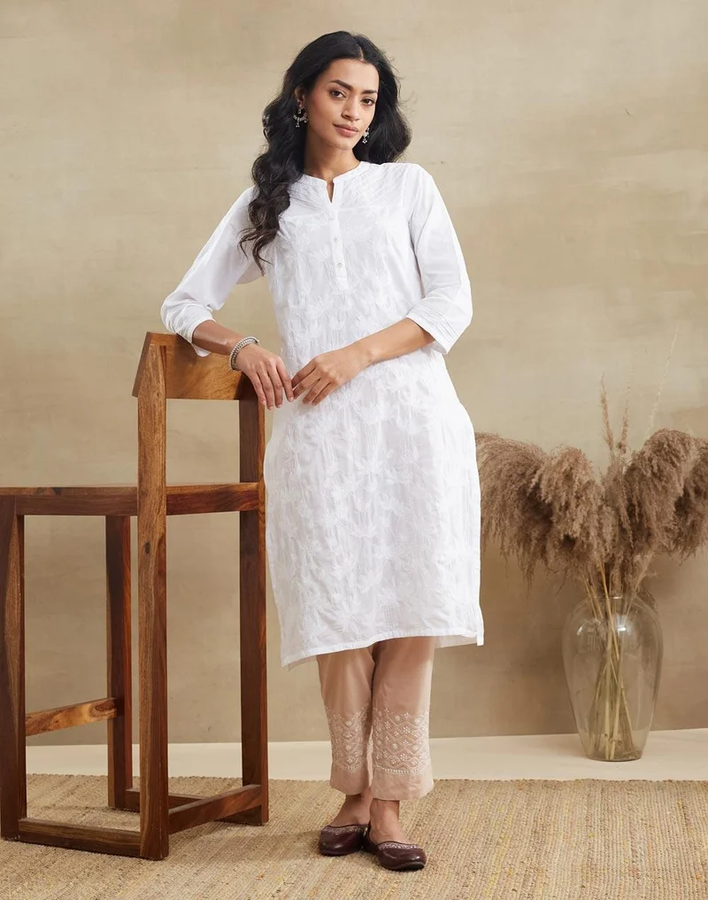 فاب انديا White Cotton Chikankari Knee Length Kurta