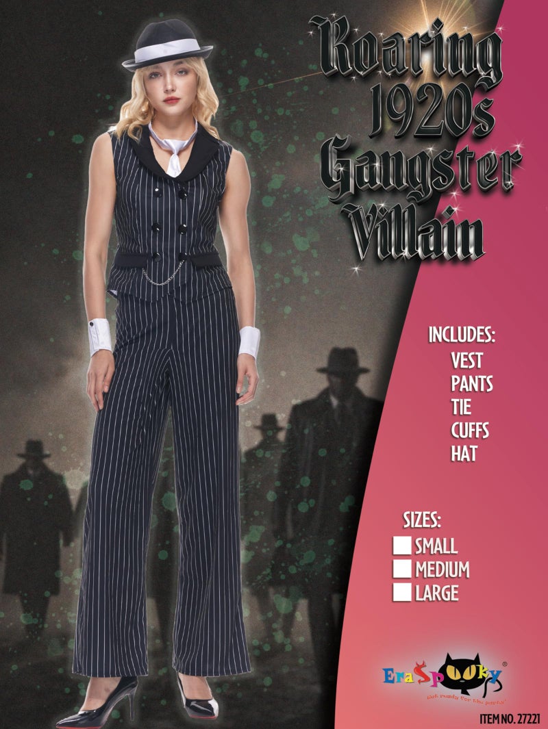 EraSpooky Women Gangster Costume Adult 1920s Pinstripe Suit, Include Sleeveless Jacket Pants Necktie Wristband Hat - Image 2