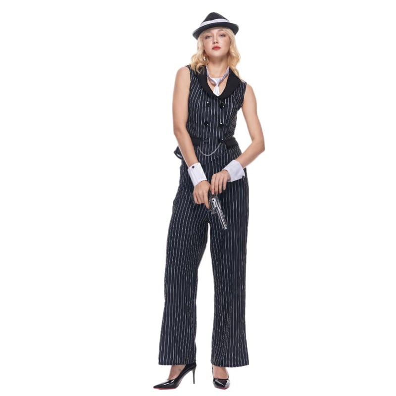 EraSpooky Women Gangster Costume Adult 1920s Pinstripe Suit, Include Sleeveless Jacket Pants Necktie Wristband Hat - Image 3