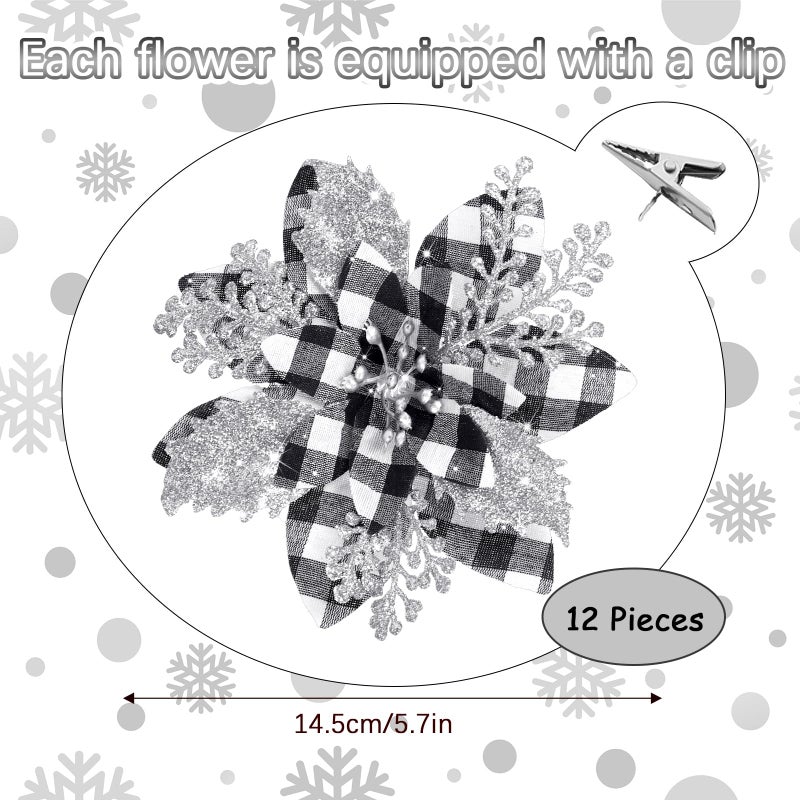 Canlierr 5.7 Inch Artificial Poinsettias Christmas Glitter Flowers with Clips Xmas Tree Flower Ornament Poinsettias Decor (Black and White Buffalo with Silver Petals 12 Pieces) - Image 3