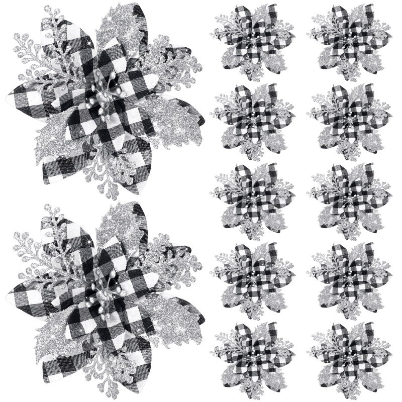 Canlierr 5.7 Inch Artificial Poinsettias Christmas Glitter Flowers with Clips Xmas Tree Flower Ornament Poinsettias Decor (Black and White Buffalo with Silver Petals 12 Pieces) - Image 1