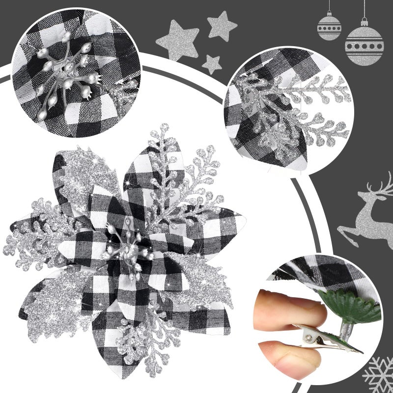 Canlierr 5.7 Inch Artificial Poinsettias Christmas Glitter Flowers with Clips Xmas Tree Flower Ornament Poinsettias Decor (Black and White Buffalo with Silver Petals 12 Pieces) - Image 2