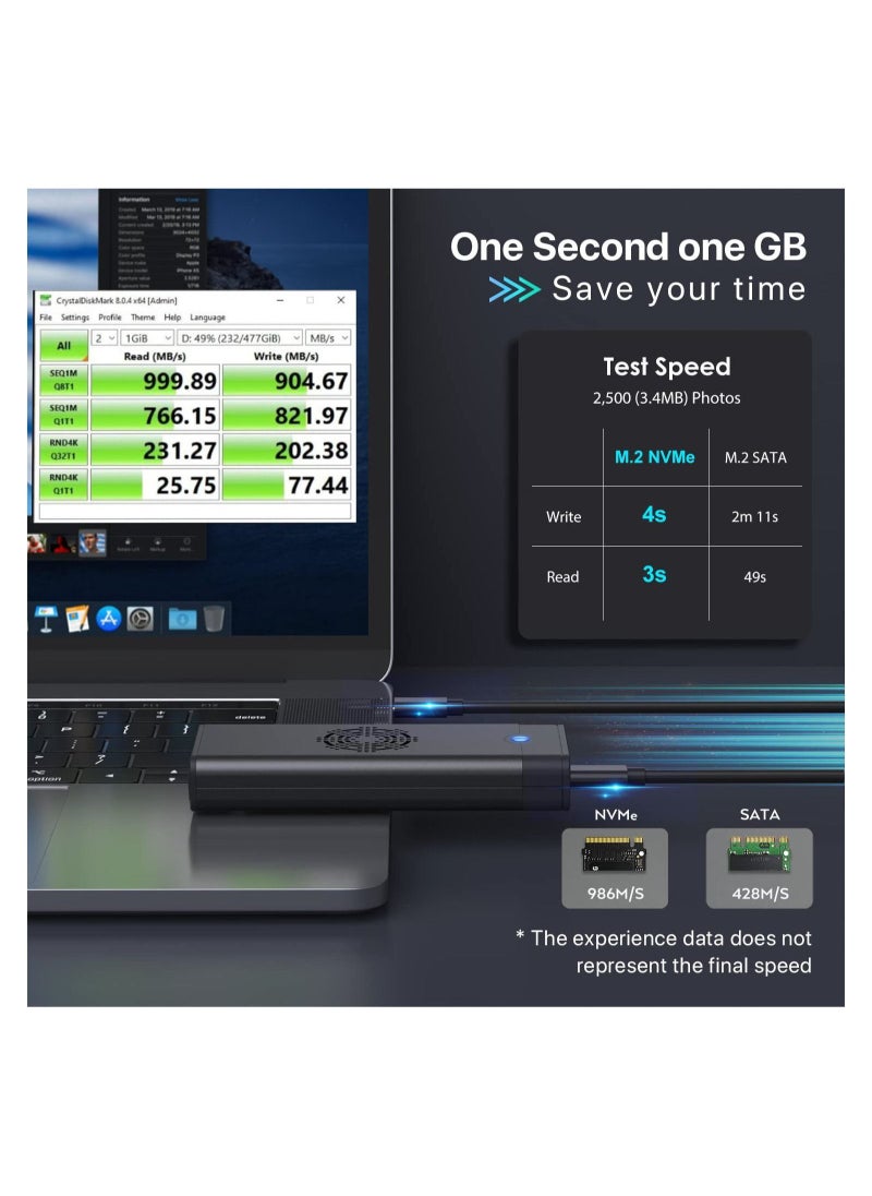 Generic - M.2 NVME SATA SSD Enclosure Adapter Reader, with Cooling Fan, Tool-Free USB C 3.1 Gen 2,10 Gbps NVME, 6Gbps SATA,Chips RTL9210B External Solid State Drive for PCIe 2280, 2260, 2242 M Key - Image 1