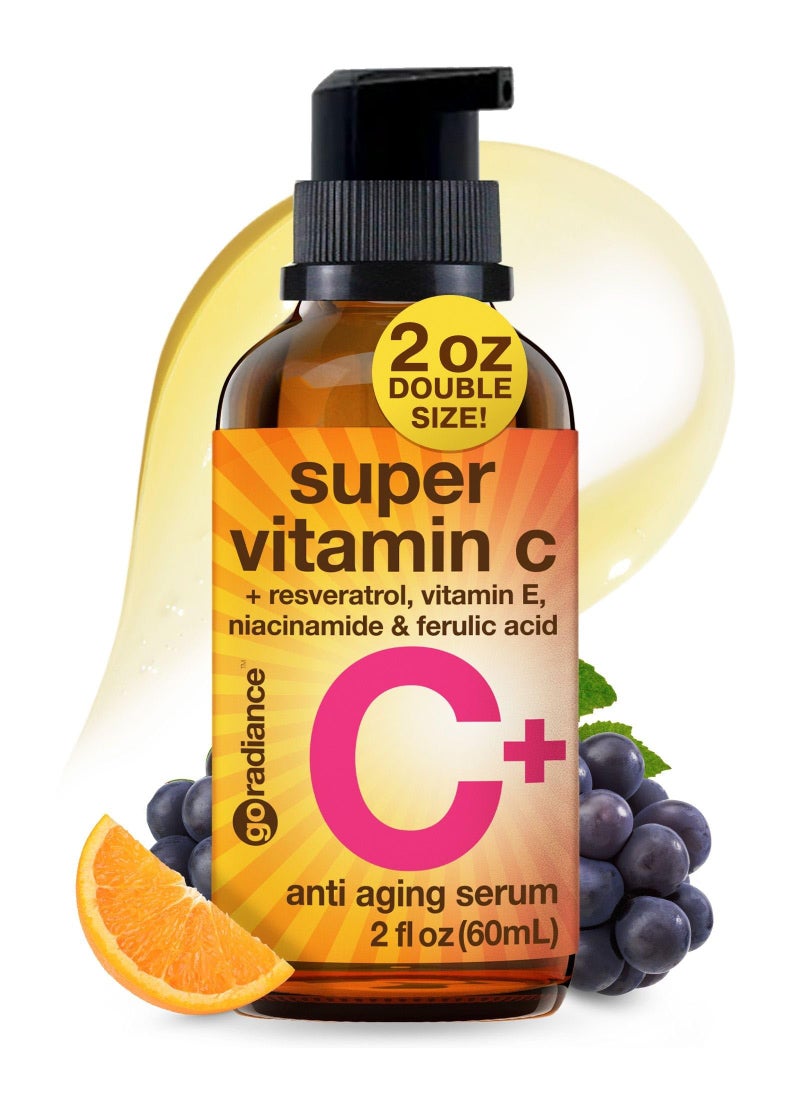 Go Radiance Double Size (2OZ) Super Vitamin C Serum for Face w/Niacinamide Serum, 5% Vitamin C Face Serum w/Hyaluronic Acid, Resveratrol, Anti-Aging Brightening Super C Serum, Facial Serum Vitamina C, E 