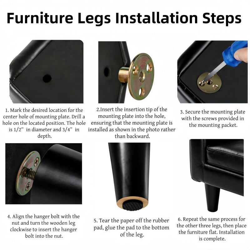 WEICHUAN Black Round Solid Wood Furniture Sofa Chair Ottoman Loveseat Table Dresser Cabinet Couch Legs 8 inch Heavy Duty for Furniture Feet Replacement (8" Set of 4) - Image 5