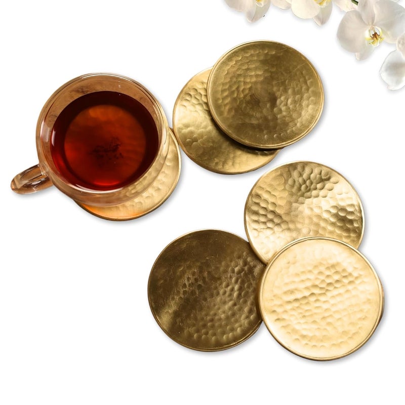 Peepul Tree 100 Pure Brass Coasters Set of 6 Matte Finish Hammered Tea Coaster Set for Dining Table for Hot Pots Brass Items for Kitchen