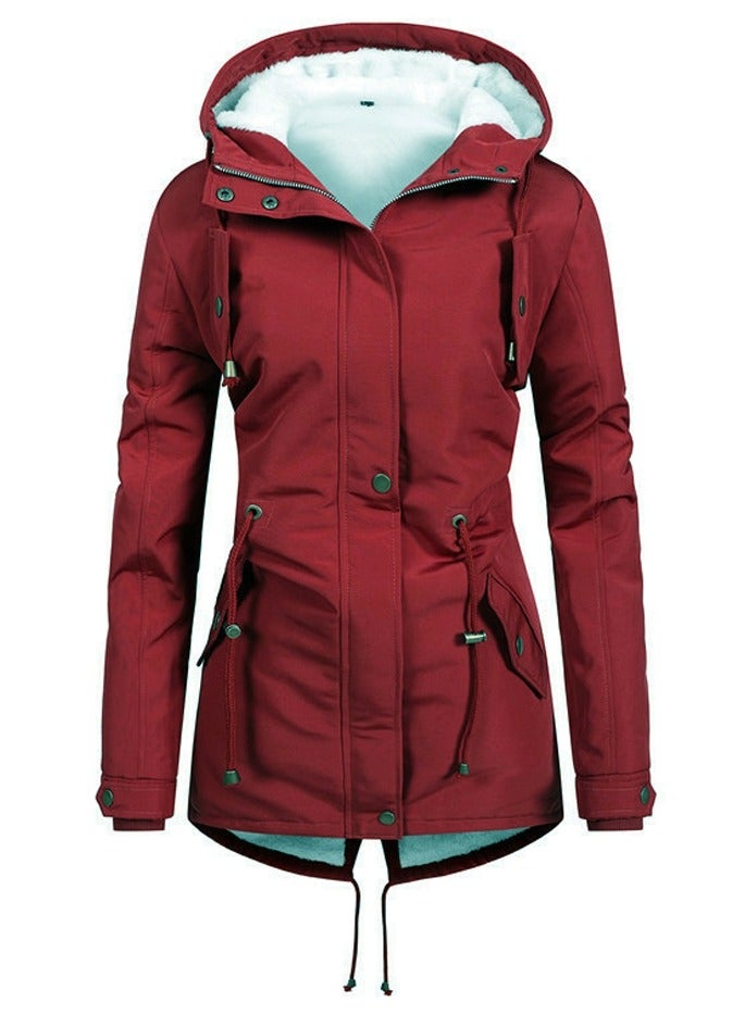 Loquat Women's Mid Length Warm Thick Coat Long Sleeve Hooded  Zippered Outer Garment Red