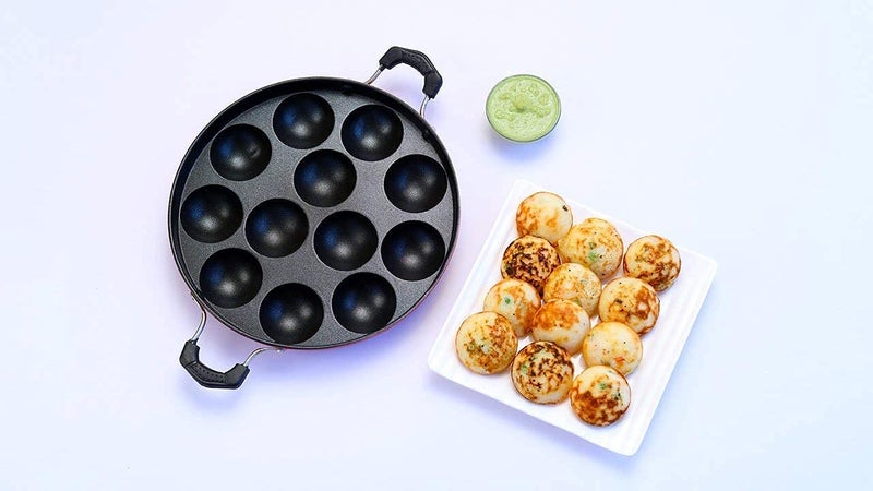 KD ZONE Aluminium Non-Stick 12 Cavity Appam Patra,Paniyarakkal, Fajita Pans with Stainless Steel Lid- Back Red - Image 5