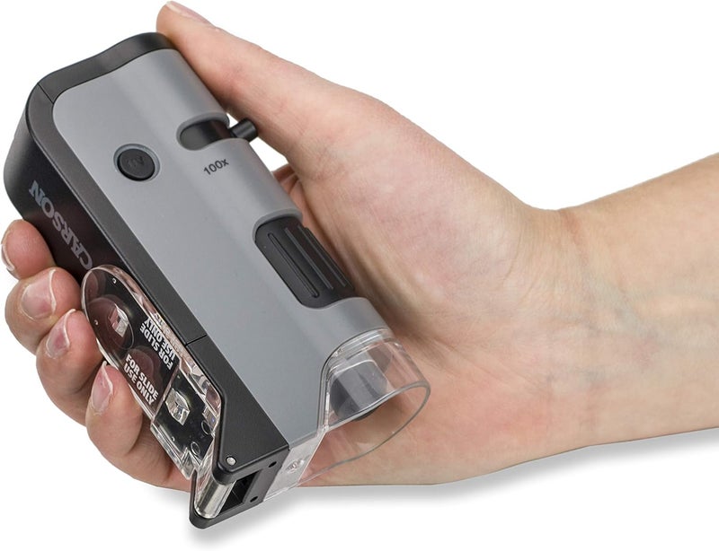 Carson MicroFlip 100x-250x LED and UV Lighted Pocket Microscope with Flip Down Slide Base and Adapter with CarsonCam Phone App - Bundle Included with 24 Prepared Insect and Animal Slides (MP-250BUN) - Image 5