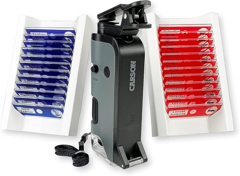 Carson MicroFlip 100x-250x LED and UV Lighted Pocket Microscope with Flip Down Slide Base and Adapter with CarsonCam Phone App - Bundle Included with 24 Prepared Insect and Animal Slides (MP-250BUN) - Image 1