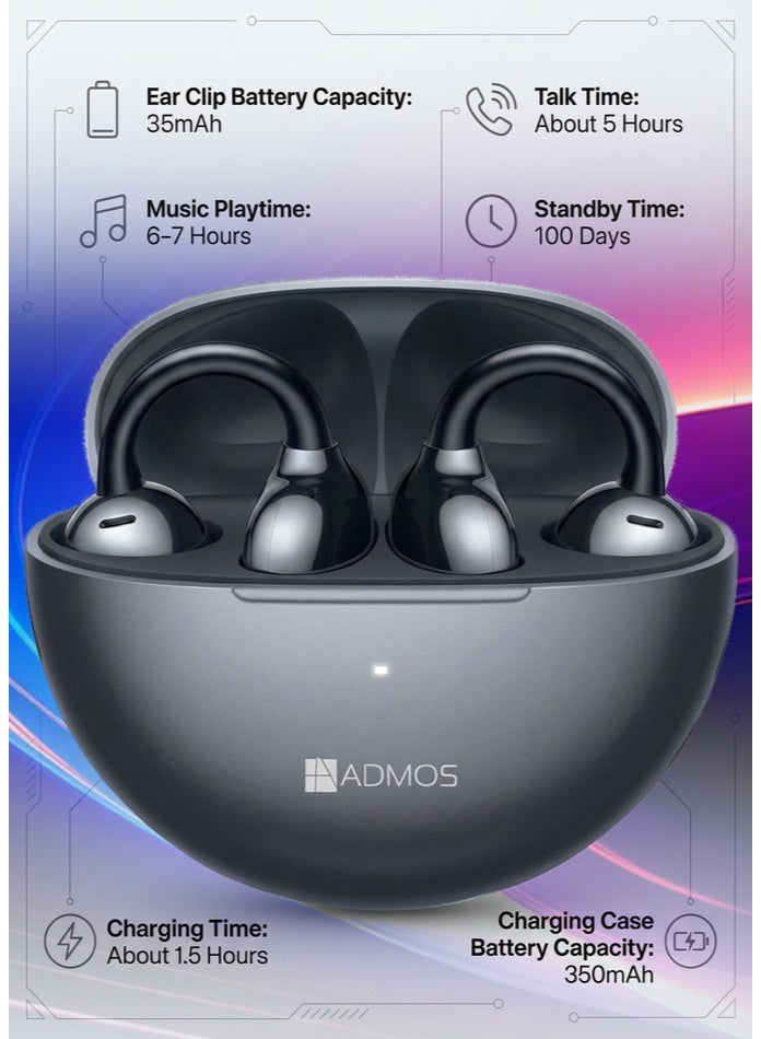 Admos Best Open Ear Clip Wireless Earbuds | Bluetooth 5.3 Air Conduction Headphones | Sport Ear Cuff Design for Running & Gym | Mini Clip-On Earphones With ENC Clear Call Mic | IP54 Waterproof | Painless Wear for iPhone & Android - Image 5