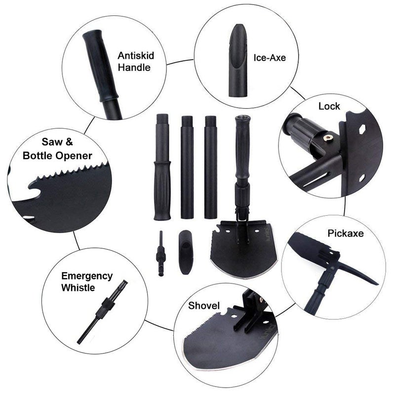iunio Survival Folding Shovel 35In Multi-Tool  Heavy Duty Carbon Steel Military Entrenching Tool W/Pickaxe  Portable Collapsible Spade For Disaster Cleanup  Car Emergency  Camping  Off Road  Outdoor Rescue - Image 2