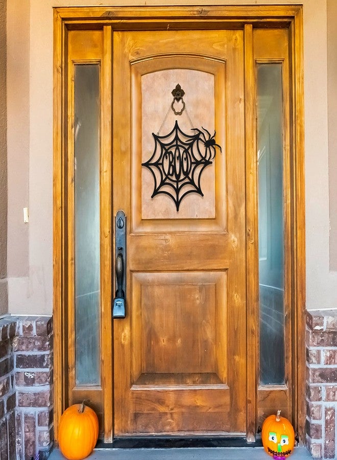 جيتك زينة باب هالوين سوداء، لافتة خشبية دائرية معلقة، زينة جدارية خشبية ريفية مخصصة للهالوين، ديكور منزلي داخلي وخارجي (على شكل عنكبوت) - Image 3